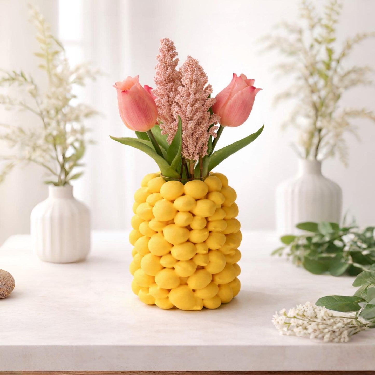 Zitronen Vase Gelb Ø10x12 cm | 3D Druck Vase mit fest integriertem Glaseinsatz | wasserdicht & sommerliche Deko