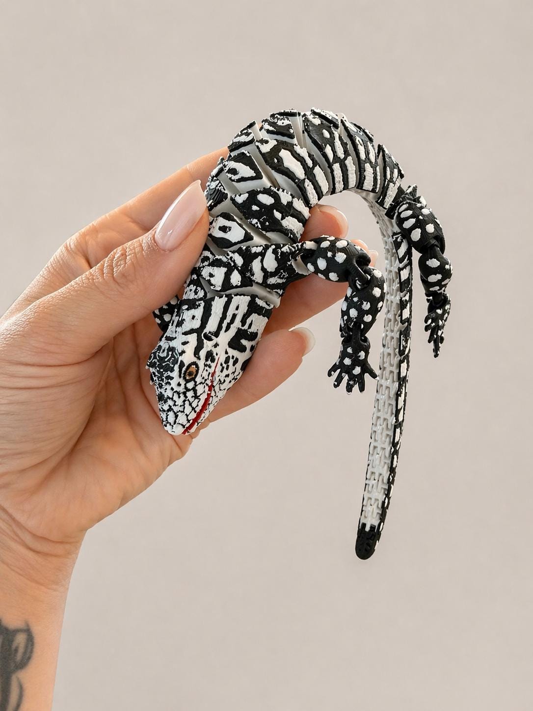 Schwarz weißer Teju Exe“  bewegliche 3D Druck Echse - Flexi Tegu