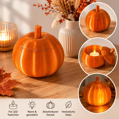 Kürbis Teelichthalter mit Deckel | Herbstdeko aus dem 3D-Drucker | Kürbis Windlicht für LED-Teelichter | Halloween & Herbst
