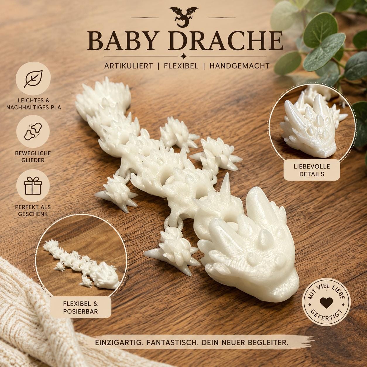 Kristalldrache | Bewegliche 3D-Druck Figur | Flexi Drache | Glow in the Dark optional