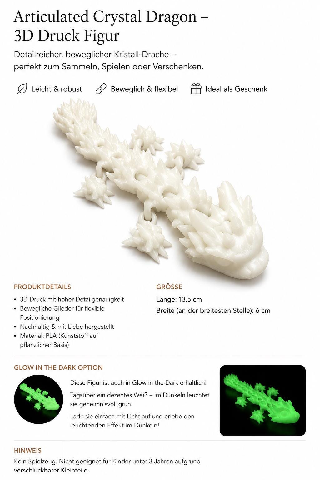 Kristalldrache | Bewegliche 3D-Druck Figur | Flexi Drache | Glow in the Dark optional