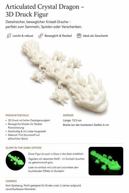 Kristalldrache | Bewegliche 3D-Druck Figur | Flexi Drache | Glow in the Dark optional
