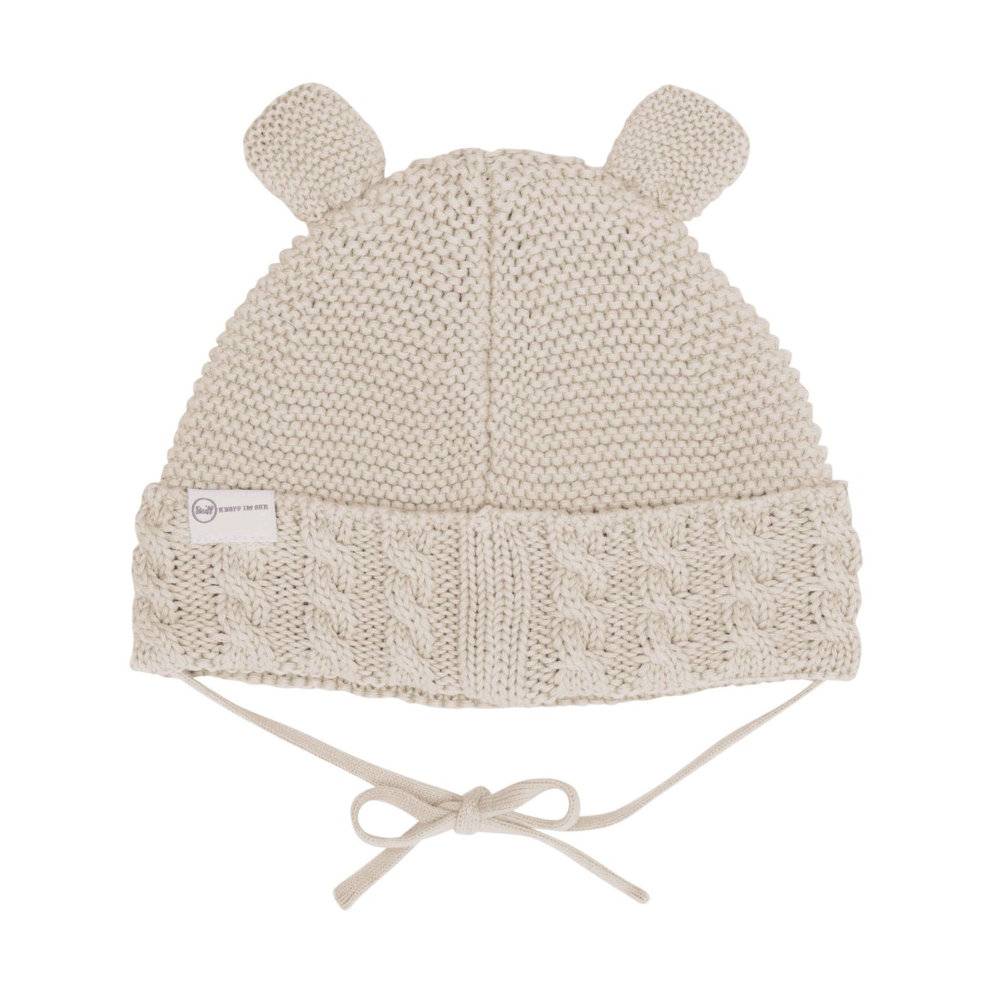 GOTS-zertifizierte beige Steiff Mütze für Babys – nachhaltig, bequem und stylisch.