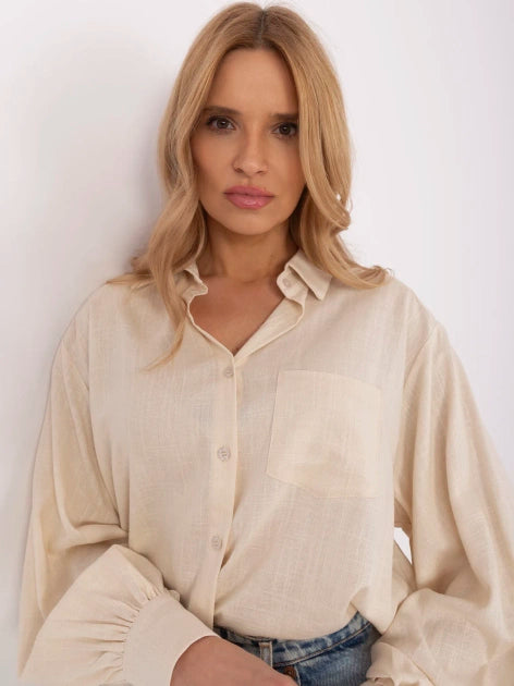 Stylisches Langarm-Hemd in Creme aus Viskose-Leinen-Mix für Damen.