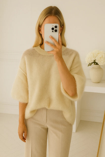 Kurzärmeliger Pullover in Creme aus 80% Mohair